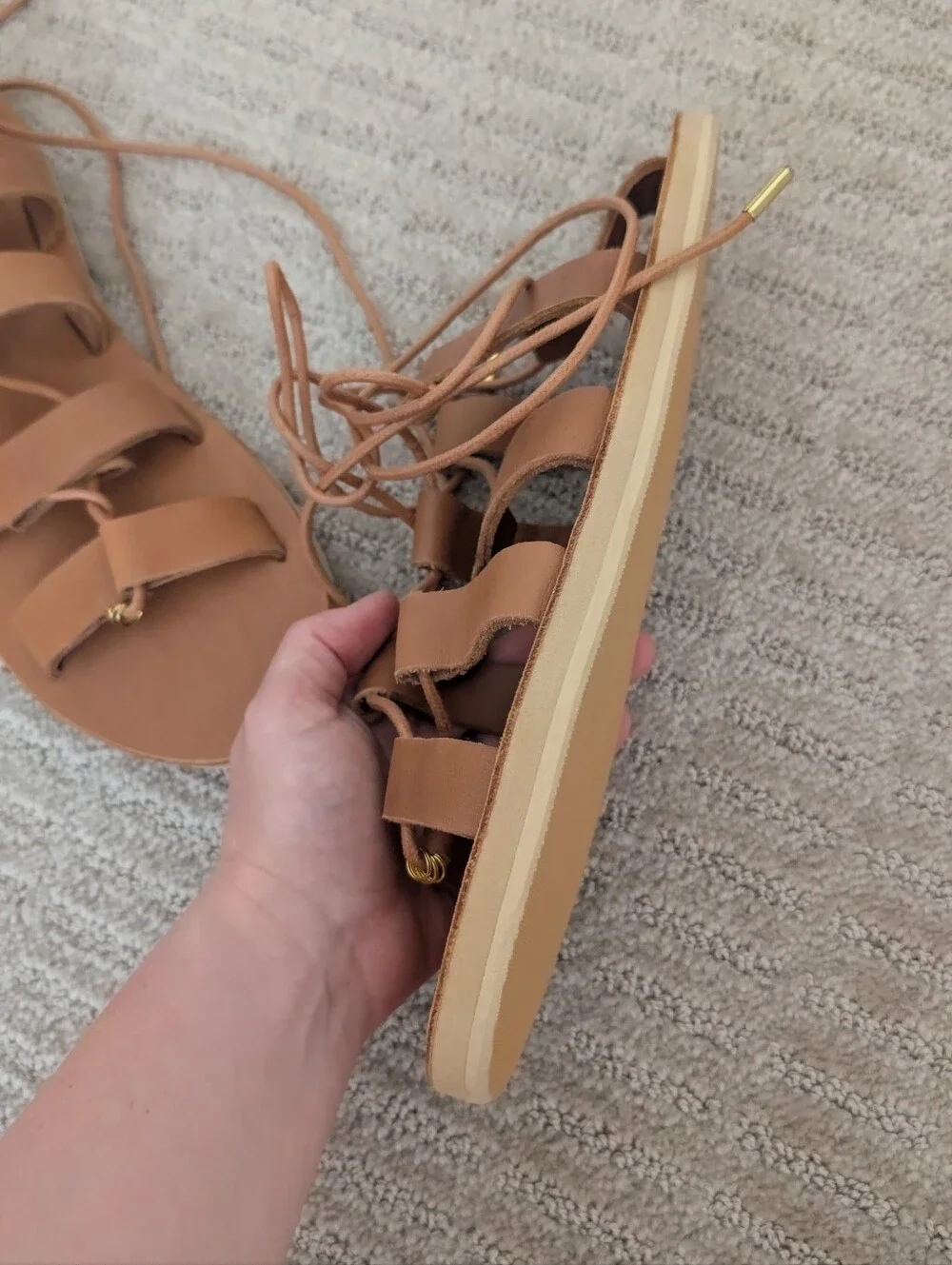 NWOT Handmade Leather Strappy Lace-Up Sandals in Light Brown Size 8